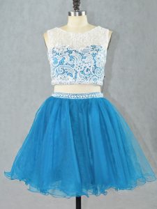 Noble Two Pieces Party Dresses Blue Scoop Organza Sleeveless Mini Length Zipper