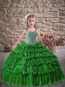 Green Ball Gowns Beading and Ruffled Layers Little Girls Pageant Dress Wholesale Lace Up Organza Sleeveless Floor Length
