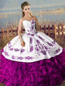 Free and Easy Sweetheart Sleeveless Lace Up Embroidery and Ruffles Sweet 16 Quinceanera Dress in White And Purple