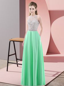 Scoop Sleeveless Prom Party Dress Floor Length Beading Apple Green Satin