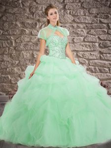 Custom Designed Apple Green Tulle Lace Up Sweet 16 Dresses Sleeveless Brush Train Beading and Pick Ups