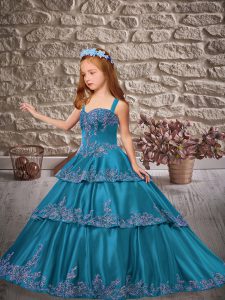 Inexpensive Teal Ball Gowns Satin Straps Sleeveless Appliques and Ruffled Layers Lace Up Little Girls Pageant Gowns Brus
