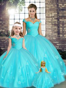 Gorgeous Aqua Blue Ball Gowns Beading and Appliques Quinceanera Gowns Lace Up Tulle Sleeveless Floor Length