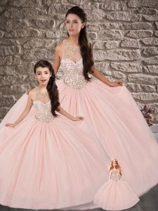 Baby Pink Ball Gowns Tulle Scoop Sleeveless Beading Lace Up 15 Quinceanera Dress Brush Train
