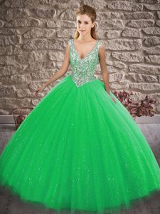 Custom Design Green Sleeveless Beading Floor Length Ball Gown Prom Dress