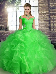 New Style Green Ball Gowns Beading and Ruffles Quinceanera Dresses Lace Up Organza Sleeveless Floor Length