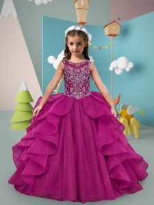 Unique Fuchsia Ball Gowns Tulle Scoop Sleeveless Beading and Ruffles Lace Up Kids Formal Wear Sweep Train