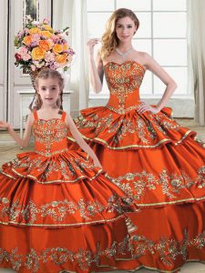 Graceful Orange Ball Gowns Satin and Organza Straps Sleeveless Embroidery and Ruffled Layers Floor Length Lace Up Quince