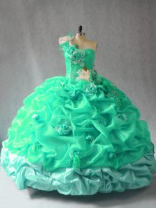 Designer Turquoise Ball Gowns One Shoulder Sleeveless Organza Floor Length Lace Up Pick Ups and Hand Made Flower Quincea