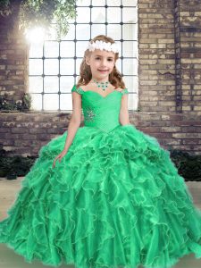 Cute Ball Gowns Pageant Gowns For Girls Turquoise Straps Organza Long Sleeves Floor Length Lace Up