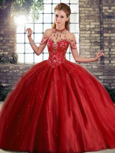 Adorable Halter Top Sleeveless Tulle Quince Ball Gowns Beading Brush Train Lace Up