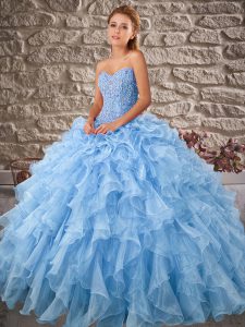 Custom Design Blue Sleeveless Organza Brush Train Lace Up Sweet 16 Quinceanera Dress for Military Ball and Sweet 16 and 
