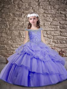 Latest Cap Sleeves Sweep Train Lace Up Beading and Pick Ups Child Pageant Dress