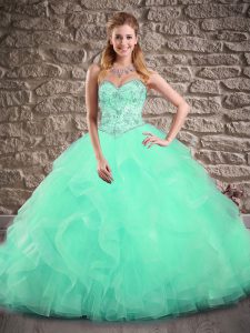Charming Sleeveless Tulle Brush Train Lace Up Vestidos de Quinceanera in Apple Green with Beading and Ruffles