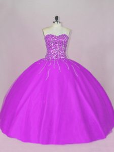 Custom Designed Purple Ball Gowns Tulle Sweetheart Sleeveless Beading Floor Length Lace Up Quinceanera Dress