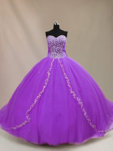Purple Tulle Lace Up Quince Ball Gowns Sleeveless Court Train Beading