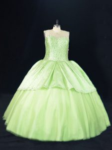 Yellow Green Ball Gowns Tulle Scoop Sleeveless Beading Floor Length Lace Up Quince Ball Gowns