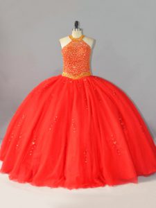 Latest Beading Quinceanera Gowns Coral Red Lace Up Sleeveless Floor Length