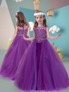 Charming Purple Little Girls Pageant Gowns Scoop Sleeveless Sweep Train Zipper