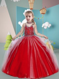 Red Tulle Zipper Little Girls Pageant Dress Sleeveless Floor Length Beading