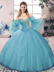 Beauteous Ball Gowns Sweet 16 Dresses Blue Sweetheart Tulle Long Sleeves Lace Up