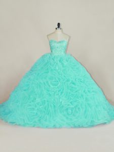 Aqua Blue Lace Up Sweetheart Beading and Ruffles Quinceanera Dress Fabric With Rolling Flowers Sleeveless Court Train