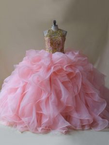 Chic Scoop Sleeveless Brush Train Backless Quince Ball Gowns Baby Pink Organza