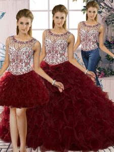 Burgundy Lace Up Scoop Beading and Ruffles Quince Ball Gowns Organza Sleeveless