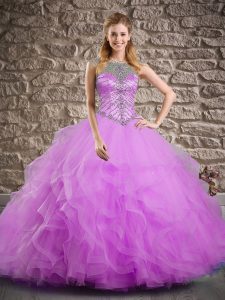 Best Lilac Lace Up 15th Birthday Dress Beading and Ruffles Sleeveless Brush Train
