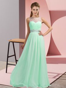 Decent Apple Green Empire Beading Prom Dress Backless Chiffon Sleeveless Floor Length