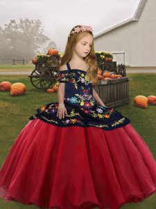 Coral Red Sleeveless Floor Length Embroidery Lace Up Pageant Gowns For Girls