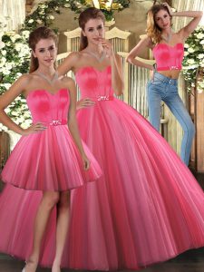 Flare Floor Length Three Pieces Sleeveless Coral Red Sweet 16 Dress Lace Up