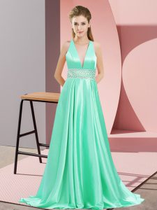 Custom Designed Apple Green Elastic Woven Satin Backless V-neck Sleeveless Prom Gown Brush Train Beading