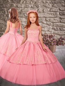Dazzling Sleeveless Satin and Tulle Sweep Train Lace Up Little Girls Pageant Dress in Watermelon Red with Embroidery