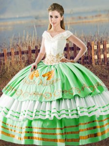 High End Apple Green Satin Lace Up V-neck Sleeveless Floor Length Sweet 16 Dresses Embroidery and Ruffled Layers