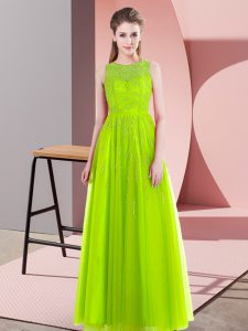 Beautiful Scoop Sleeveless Prom Gown Floor Length Beading Yellow Green Tulle