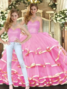 Luxury Rose Pink Two Pieces Organza Sweetheart Sleeveless Ruffled Layers Floor Length Lace Up 15 Quinceanera Dress