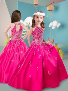 Exquisite Hot Pink Ball Gowns Halter Top Sleeveless Satin Floor Length Zipper Beading Girls Pageant Dresses