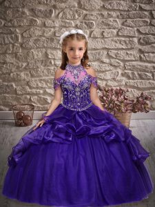 Graceful Floor Length Purple Little Girls Pageant Gowns Halter Top Sleeveless Lace Up