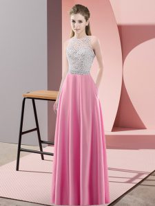 Suitable Scoop Sleeveless Prom Dress Floor Length Beading Rose Pink Satin