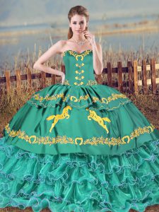Turquoise Lace Up Sweetheart Embroidery and Ruffled Layers 15 Quinceanera Dress Satin Sleeveless