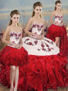 Pretty White And Red Organza Lace Up Vestidos de Quinceanera Sleeveless Floor Length Embroidery and Ruffles and Bowknot