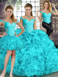 Aqua Blue Three Pieces Off The Shoulder Sleeveless Organza Floor Length Lace Up Beading and Ruffles Quinceanera Gown