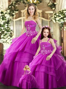 Clearance Fuchsia Sleeveless Tulle Lace Up Quinceanera Gowns for Sweet 16 and Quinceanera
