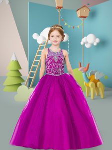 Custom Made Floor Length Fuchsia Little Girl Pageant Gowns Tulle Sleeveless Beading