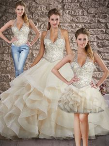 Graceful Champagne Three Pieces Halter Top Sleeveless Tulle Brush Train Lace Up Beading and Ruffles 15th Birthday Dress