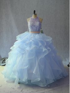 Sleeveless Backless 15th Birthday Dress in Blue with Beading and Ruffles
