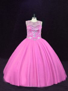 Pink Ball Gowns Scoop Sleeveless Tulle Floor Length Lace Up Beading Quinceanera Gowns