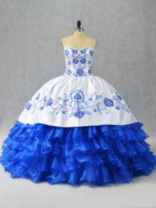 Noble Blue And White Lace Up Ball Gown Prom Dress Embroidery and Ruffled Layers Sleeveless Floor Length