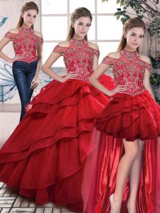 Red Halter Top Lace Up Beading and Ruffles 15 Quinceanera Dress Sleeveless